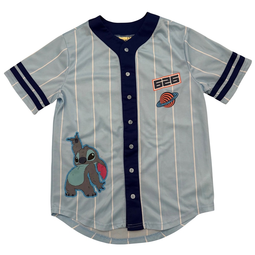 Disney Mens Stitch 626 Button Up Baseball Jersey Small Blue Pinstripe Sportswear